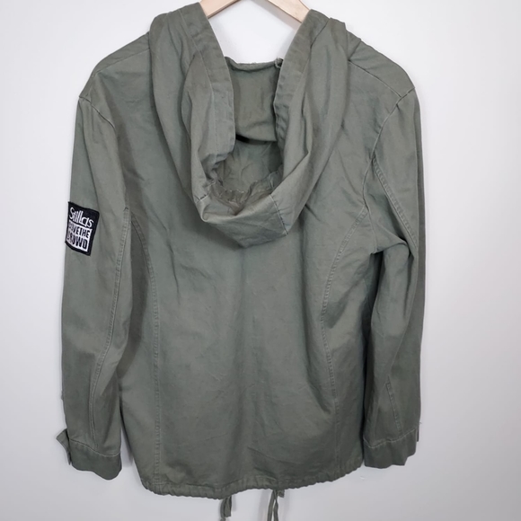 Vintage green khaki duffle jacket Temt Sz 10 patch drawstring hood denim unisex - Picture 2 of 4